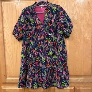 THML Women's Size L Navy Blue Colorful Leaf Print Tiered Short Sleeve Dress